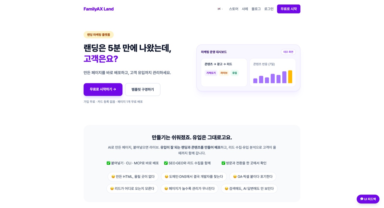 AI 랜딩·리드 관리 플랫폼 예시 — 만든 페이지를 붙여넣어 바로 배포하고, 리드 수집·유입 분석을 한 화면에서 관리